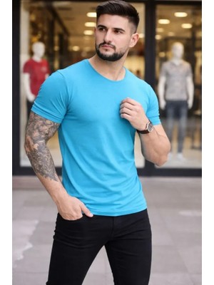 Demir Grup cc Erkek T-Shirt Bisiklet Yaka Slim Fit Dar Kesim Likralı Tişört Günlük Basic Body - Açık Mavi