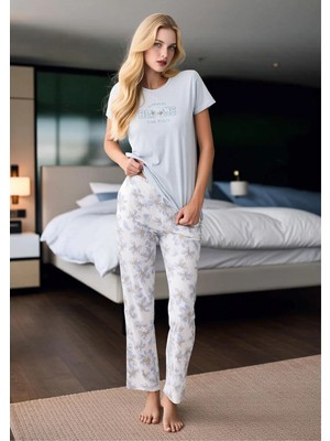 Fevien Kadın Çiçek Desenli Pijama Takımı - Pamuklu Kısa Kollu Alt Üst Set