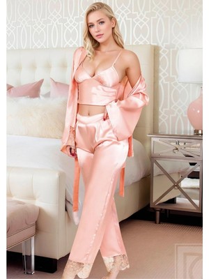 Fevien Kadın Pudra Saten 3'lü Pijama Takımı - Dantelli Sabahlık & Pantolon Set