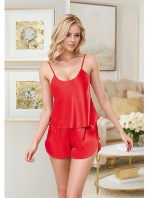 Fevien Kadın Kırmızı Saten Şortlu Pijama Takımı Ince Askılı Rahat Kesim Ev Giyimi