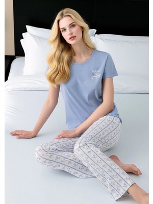 Fevien Kadın Mavi Pijama Takımı - Kısa Kollu Bisiklet Yaka Pamuklu Alt Üst Takım