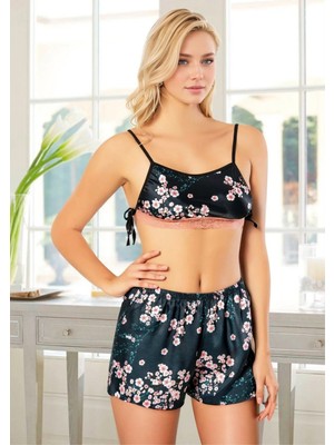 Fevien Kadın Siyah Çiçek Desenli Saten Şortlu Pijama Takımı
