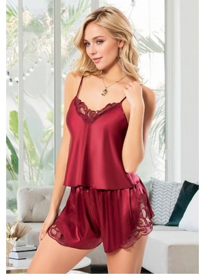 Fevien Kadın Bordo Saten Şortlu Pijama Takımı Dantel Detaylı Şık Ev Giyimi