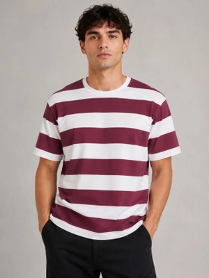 Demir Grup cc Erkek Çizgili Oversize Tişört Bisiklet Yaka Kısa Kol Yazlık T-Shirt - Bordo - 2xl