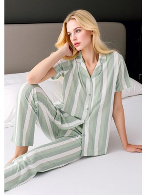 Fevien Kadın Su Yeşili Çizgili Düğmeli Pijama Takımı - Gömlek Yaka Pamuklu Ev Giyimi
