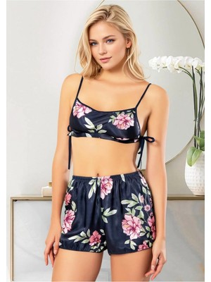 Fevien Kadın Lacivert Çiçek Desenli Saten Şortlu Pijama Takımı
