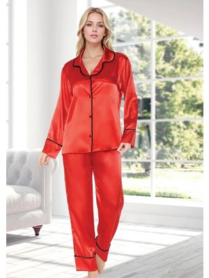 Fevien Kırmızı Biyeli Saten Pijama Takımı