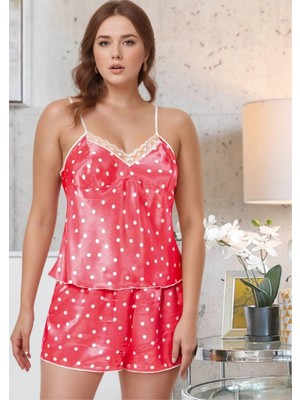 Fevien Kadın Büyük Beden Saten Şortlu Pijama Takımı Puantiyeli Kırmızı