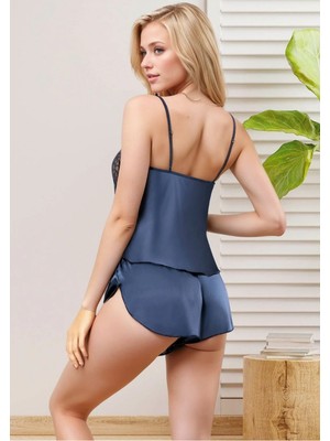 Fevien Kadın Lacivert Saten Şortlu Pijama Takımı Dantel Detaylı Askılı Ev Giyimi