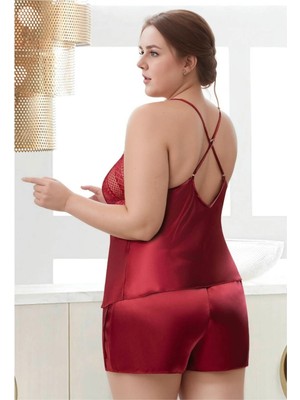 Fevien Kadın Büyük Beden Bordo Saten Şortlu Pijama Takımı Dantelli