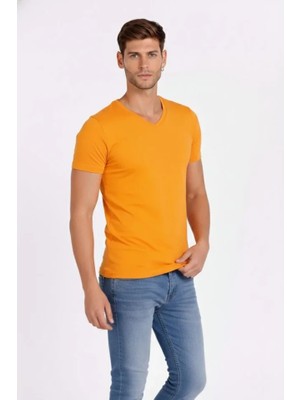 Demir Grup cc Erkek T-Shirt V Yaka Slim Fit Dar Kesim Likralı Tişört Günlük Basic Body - Sarı - M