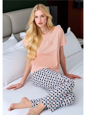 Fevien Kadın Somon Be Cute Yazılı Desenli Alt Pijama Takımı - Pamuklu Ev Giyimi