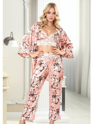 Fevien Çiçekli Saten 3'lü Pijama Takımı - Dantelli Sabahlıklı Set