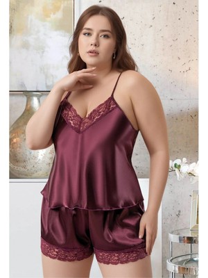 Fevien Kadın Büyük Beden Mürdüm Saten Şortlu Pijama Takımı Dantelli