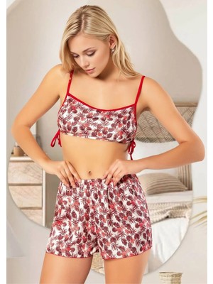 Fevien Kadın Kırmızı Çiçek Desenli Saten Şortlu Pijama Takımı