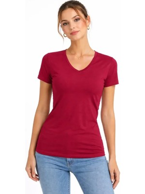 Demir Grup cc T-Shirt V Yaka Slim Fit Likralı Tişört Günlük Basic Body - Bordo - L