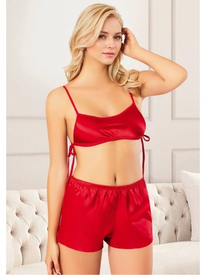Fevien Kadın Kırmızı Saten Şortlu Pijama Takımı Yanı Bağlamalı Büstiyer
