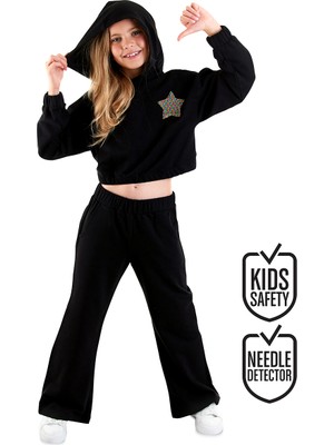 Stars Kız Çocuk Crop Siyah Eşofman Takım