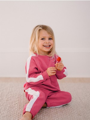 Antebies Organik Pembe Beyaz Kız Bebek Eşofman Takımı