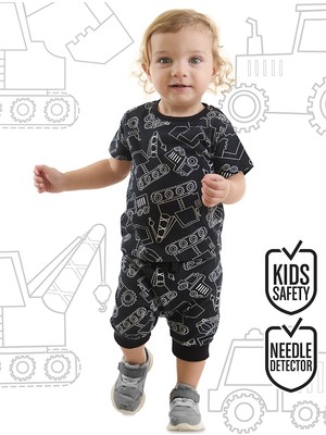 Denokids Araba Erkek Bebek Siyah T-Shirt Kapri Şort Takım