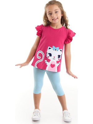 Denokids Fırfırlı Kedicik Kız Çocuk T-shirt Tayt Takım