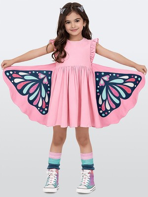 Denokids Kız Çocuk Elbise Pamuk Penye Pembe Kelebek Elbise Ilkbahar Yaz Sezonu 2-8 Yaş