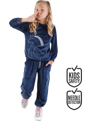 Denokids Lacivert Kadife Unicorn Kız Çocuk Eşofman Takım