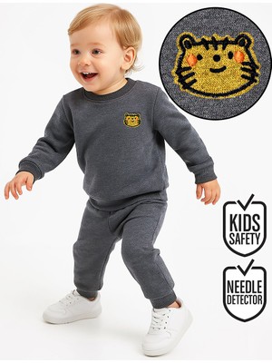 Denokids Kedi Erkek Bebek Koyu Gri Eşofman Takım