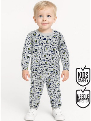 Denokids Süper Dino Erkek Bebek Gri Pijama Takımı