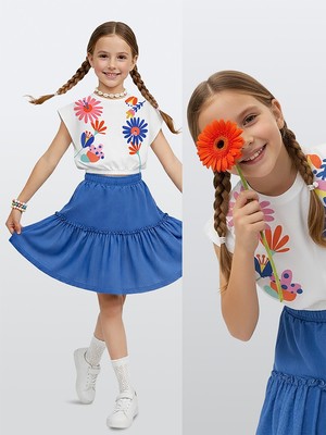 Denokids Kız Çocuk Takım Çiçekli Crop Top Etek Takım Ilkbahar Yaz 4-10 Yaş