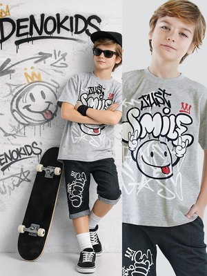 Denokids Just Smile Erkek Çocuk T-Shirt Kapri Şort Takım