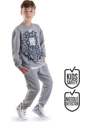 Denokids Harfler Gri Eşofman Takım Uzun Kollu Erkek Çocuk İçin Lastikli Paça ve Beli Özelliğiyle