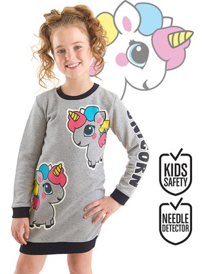 Denokids Unicorn Kız Çocuk Gri Sweat Elbise