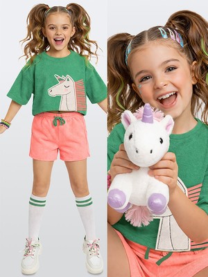 Denokids Kız Çocuk Takım Unicorn Havlu Kumaş Crop Top Üst ve Şort Takım Yazlık 4-10 Yaş