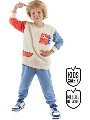 Denokids Erkek Çocuk Kışlık Dinozor Desenli Bej Uzun Kollu 2 Parça Eşofman Takımı 2-7 Yaş