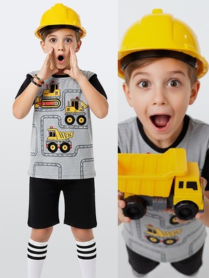 Denokids Erkek Çocuk Takım Inşaat Araşları Baskılı T-Shirt Siyah Şort Yazlık Takım