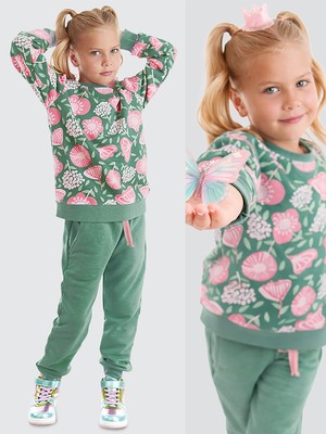 Denokids Kız Çocuk Eşofman Takım 5 Yaş Pembe Çiçek Desenli Haki Renkli Rahat Kullanım