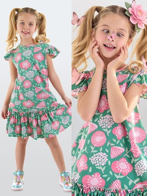 Denokids Pembe Çiçekli Kız Çocuk Yeşil Fırfırlı Elbise