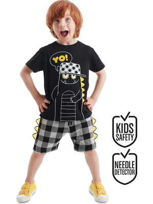 Denokids Yo Dino Erkek Çocuk Şort Takım 2 Yaş Eğlenceli Tema ile Siyah-Gri Desenli