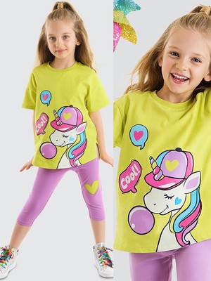 Denokids Kız Çocuk Cool Unicorn T-shirt ve Tayt Takım 4 Yaş Özel Günler İçin Renkli