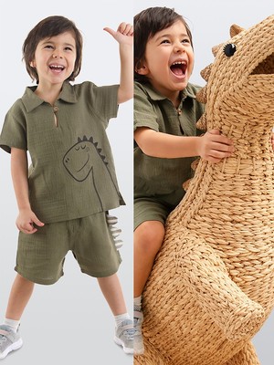 Denokids Dino Erkek Bebek Çocuk Müslin Şort Gömlek Takım