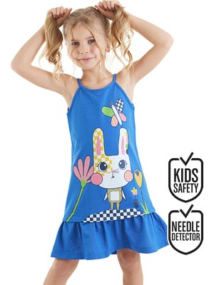 Denokids Damalı Tavşan Kız Çocuk Mavi Elbise