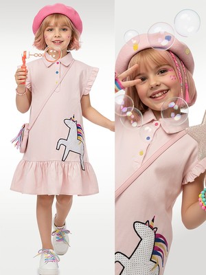 Denokids Kız Çocuk Elbise Unicorn Aplikeli %100 Pamuk Gömlek Stil Elbise 4-9 Yaş