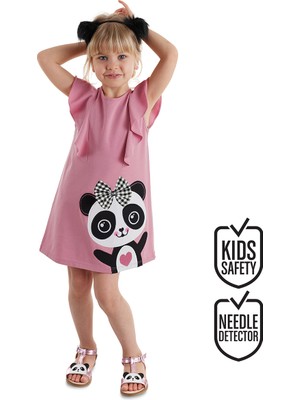 Denokids Panda Detaylı Kız Çocuk Elbise Fırfır Silüetli Şık ve Eğlenceli Tasarım
