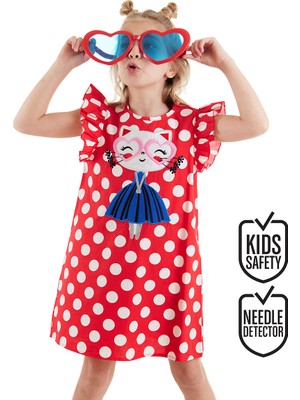 Denokids Puantiye Kedicik Kız Çocuk Poplin Elbise