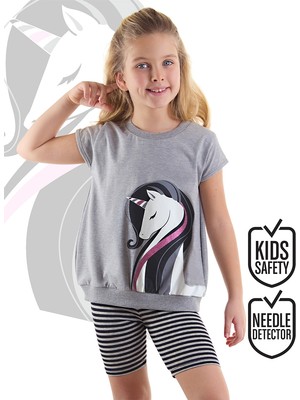 Denokids Zarif Unicorn Kız Çocuk Gri Siyah Tunik Tayt Takım
