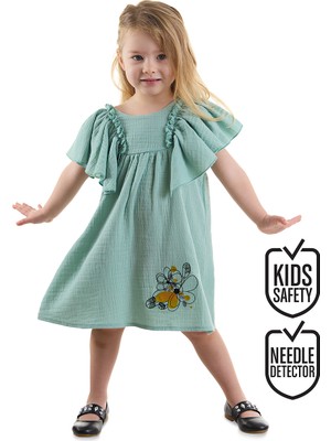 Denokids Çiçekli Kız Bebek Çocuk Yeşil Müslin Elbise