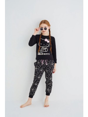 Kız Çocuk Siyah Kız Uzun Kol Pamuklu Pijama Takımı