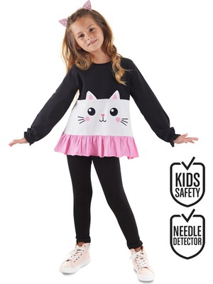 Denokids Fırfırlı Beyaz Kedi Kız Çocuk T-Shirt Tayt Takım