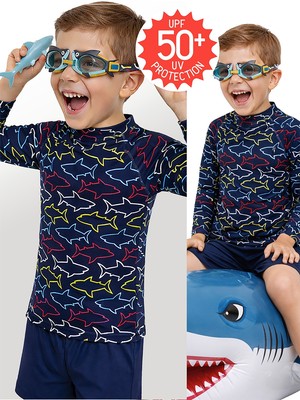 Denokids Uv Korumalı Erkek Çocuk Mayo T-Shirt Uvp+50 Faktör Koruma Uzun Kollu Köpekbalığı